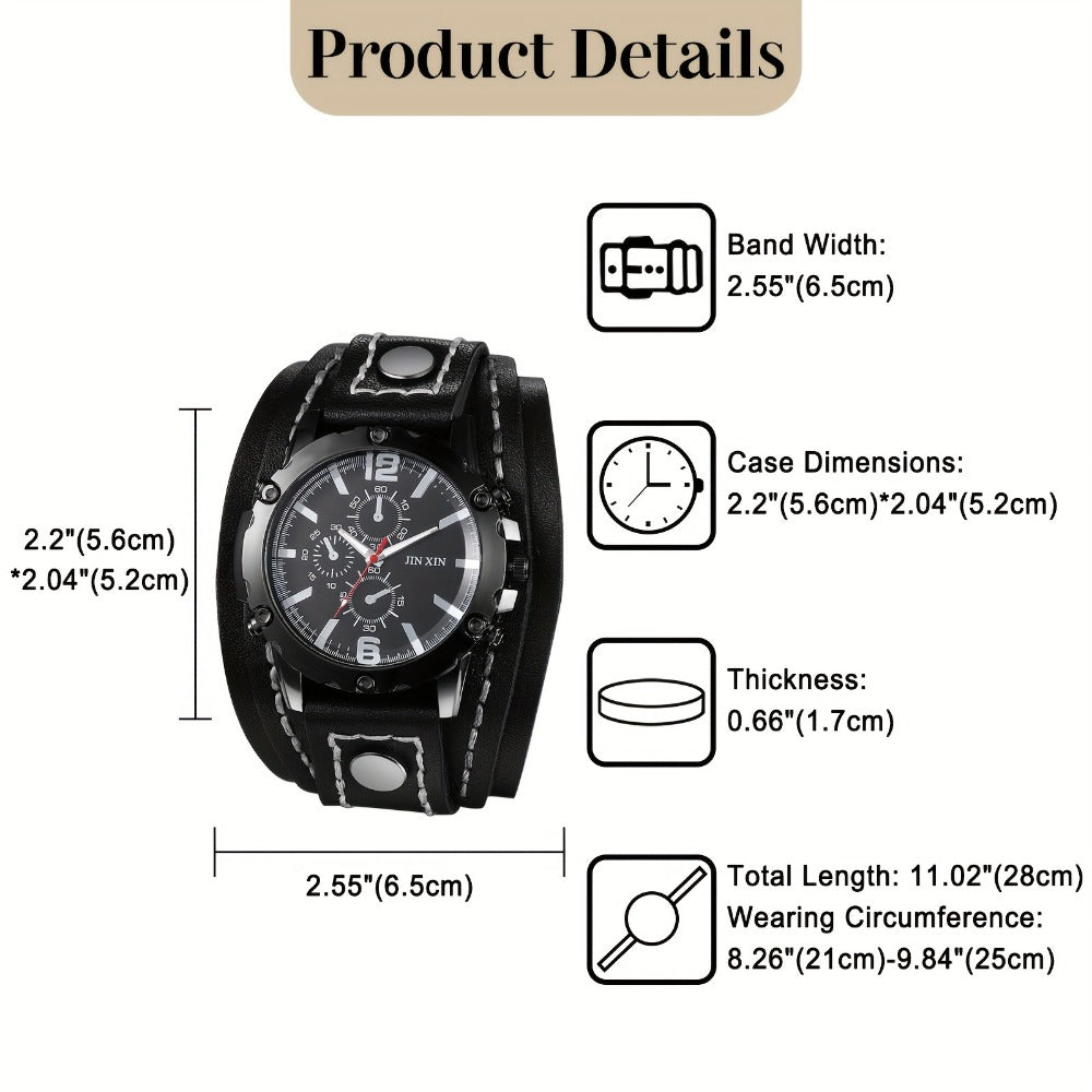 Men's Quartz Watch - Gothic Punk Leather Cuff Wristwatch for Wide Genuine Leather Band - product detail view 2
