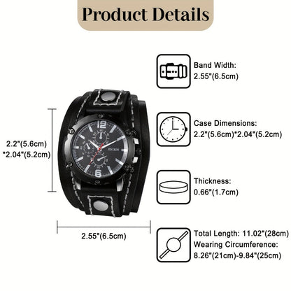 Men's Quartz Watch - Gothic Punk Leather Cuff Wristwatch for Wide Genuine Leather Band - product detail view 2