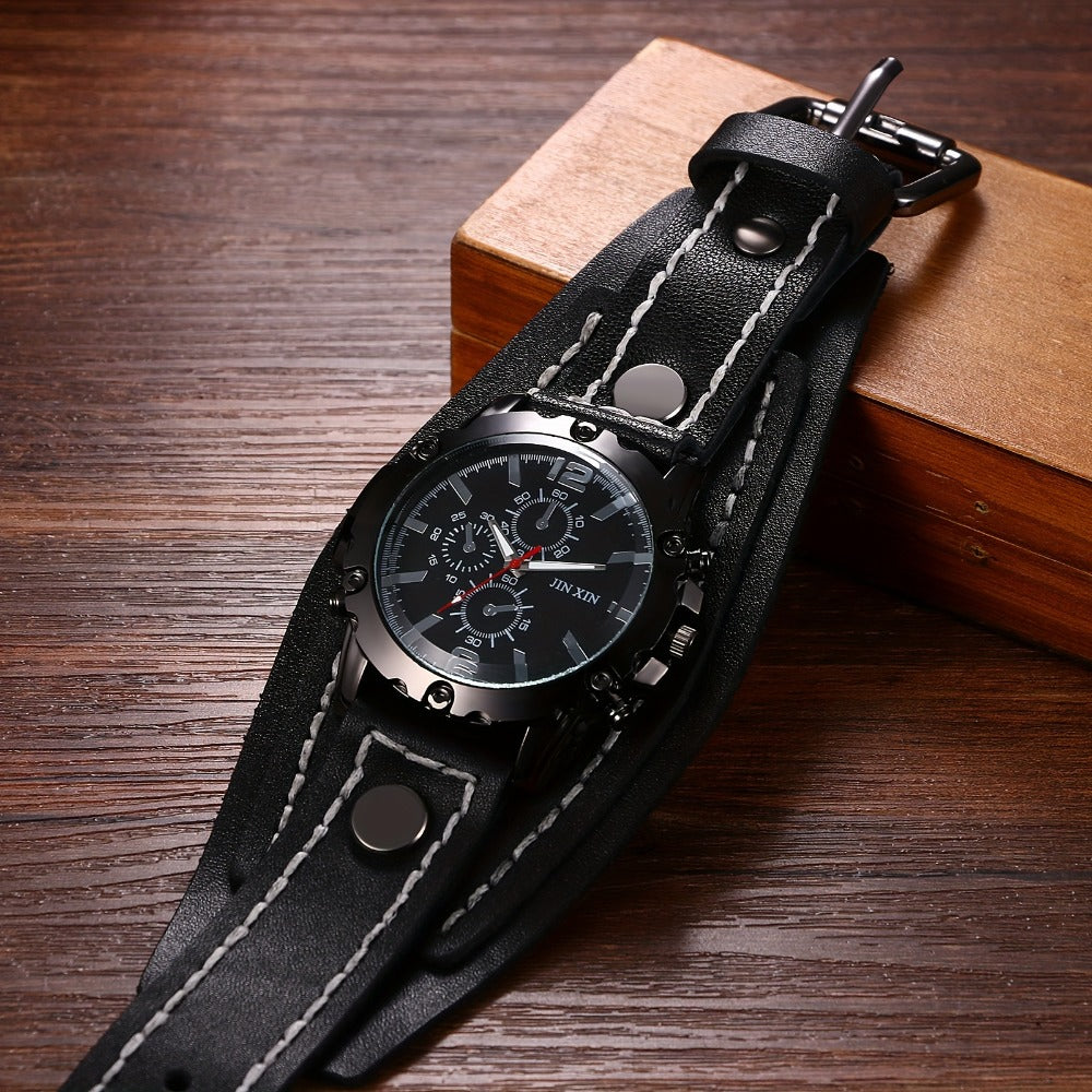 Men's Quartz Watch - Gothic Punk Leather Cuff Wristwatch for Wide Genuine Leather Band - product detail view 3