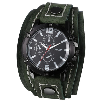 Men's Quartz Watch - Gothic Punk Leather Cuff Wristwatch for Wide Genuine Leather Band - product detail view 4