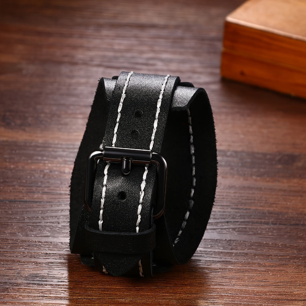 Men's Quartz Watch - Gothic Punk Leather Cuff Wristwatch for Wide Genuine Leather Band - product detail view 5
