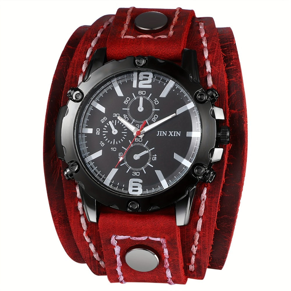 Men's Quartz Watch - Gothic Punk Leather Cuff Wristwatch for Wide Genuine Leather Band - product detail view 6