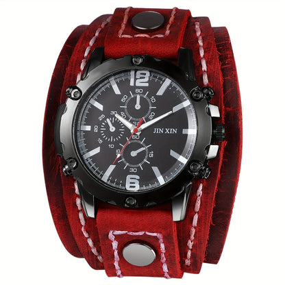 Men's Quartz Watch - Gothic Punk Leather Cuff Wristwatch for Wide Genuine Leather Band - product detail view 6