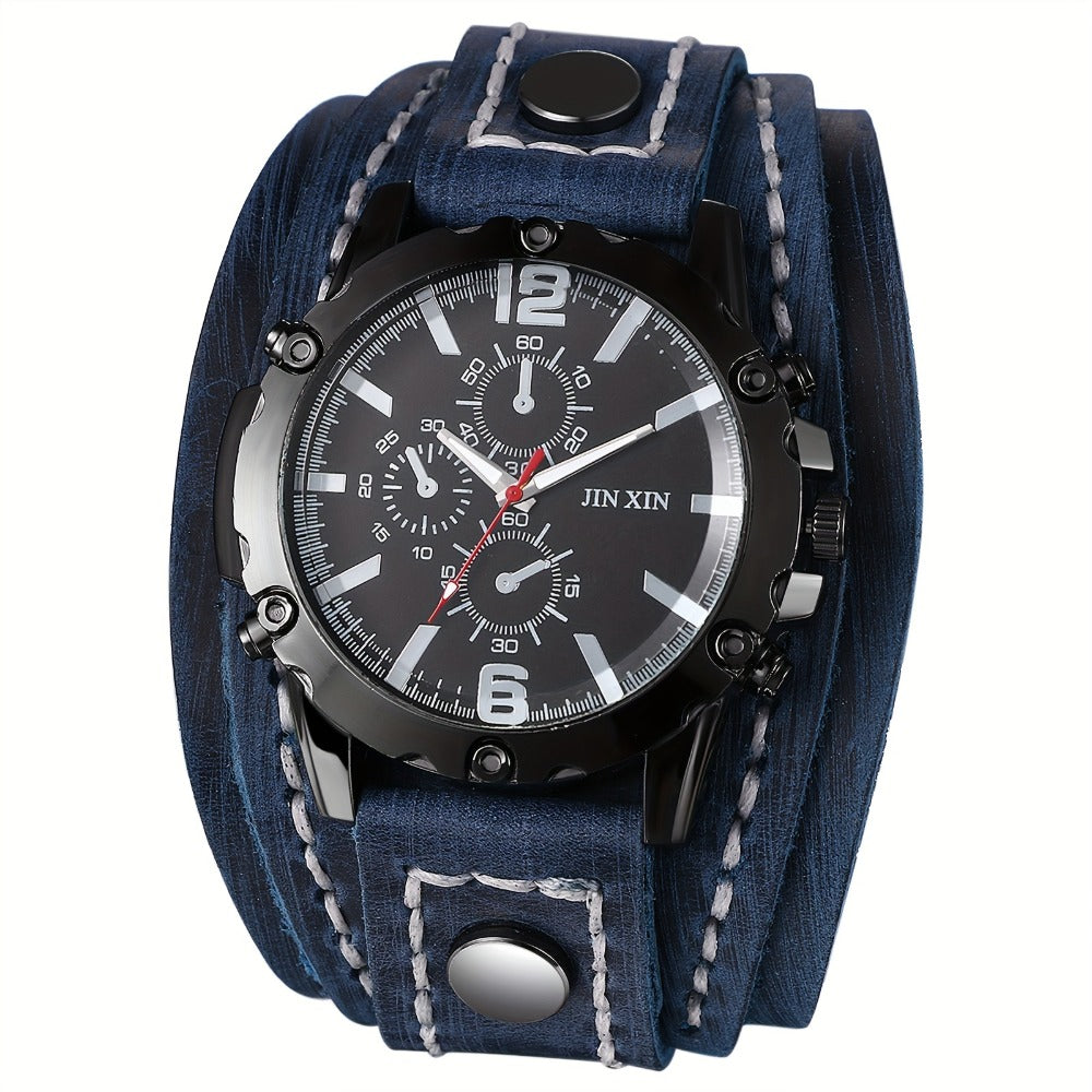 Men's Quartz Watch - Gothic Punk Leather Cuff Wristwatch for Wide Genuine Leather Band - product detail view 7