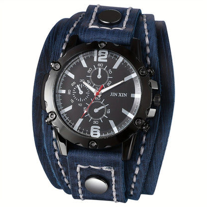 Men's Quartz Watch - Gothic Punk Leather Cuff Wristwatch for Wide Genuine Leather Band - product detail view 7