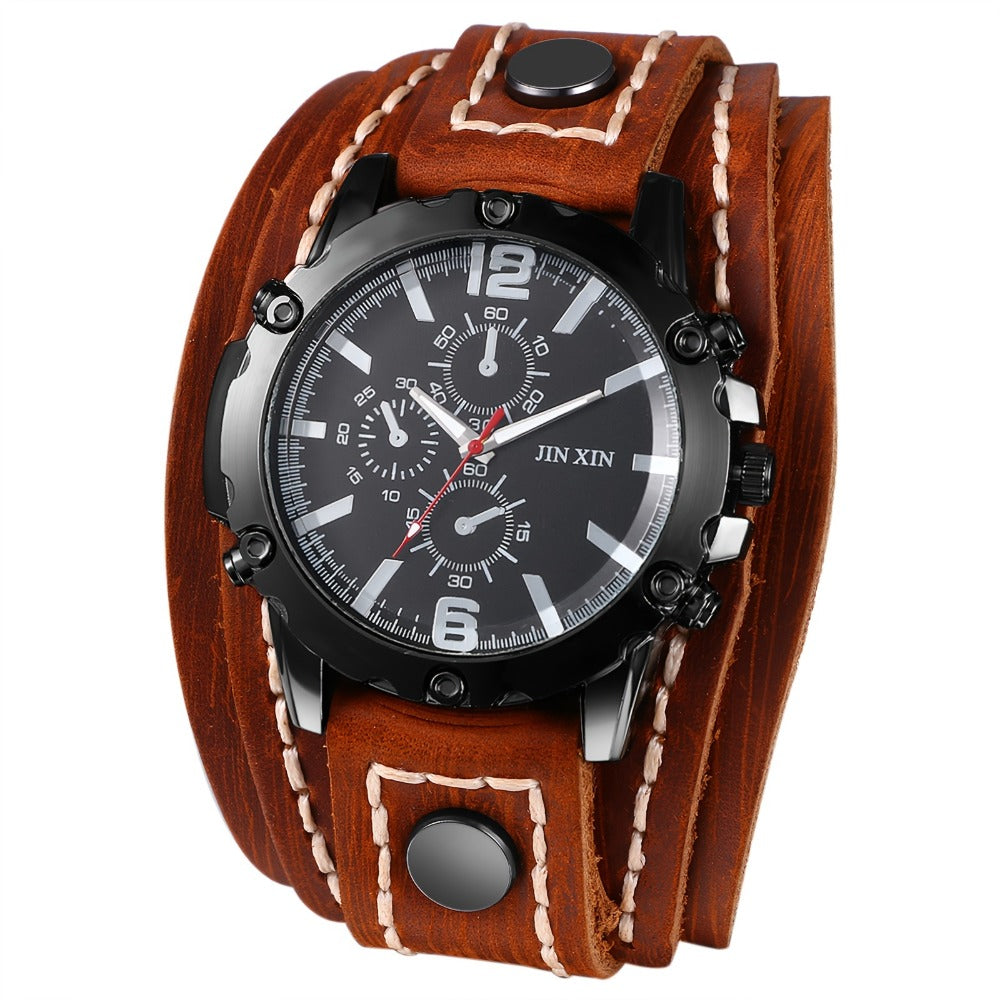 Men's Quartz Watch - Gothic Punk Leather Cuff Wristwatch for Wide Genuine Leather Band - product detail view 8