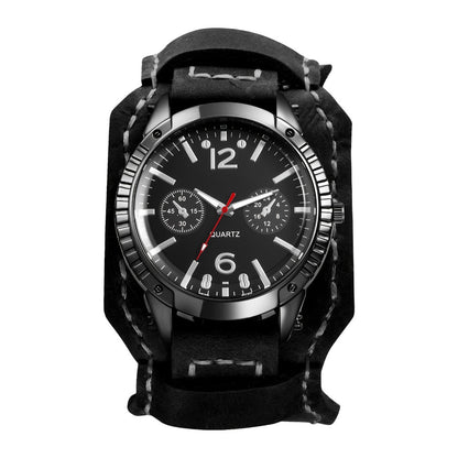 Men's Quartz Watch - Gothic Punk Leather Cuff Wristwatch for Wide Genuine Leather Band - product detail view 9