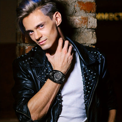Men's Quartz Watch - Gothic Punk Leather Cuff Wristwatch for Wide Genuine Leather Band - product detail view 10
