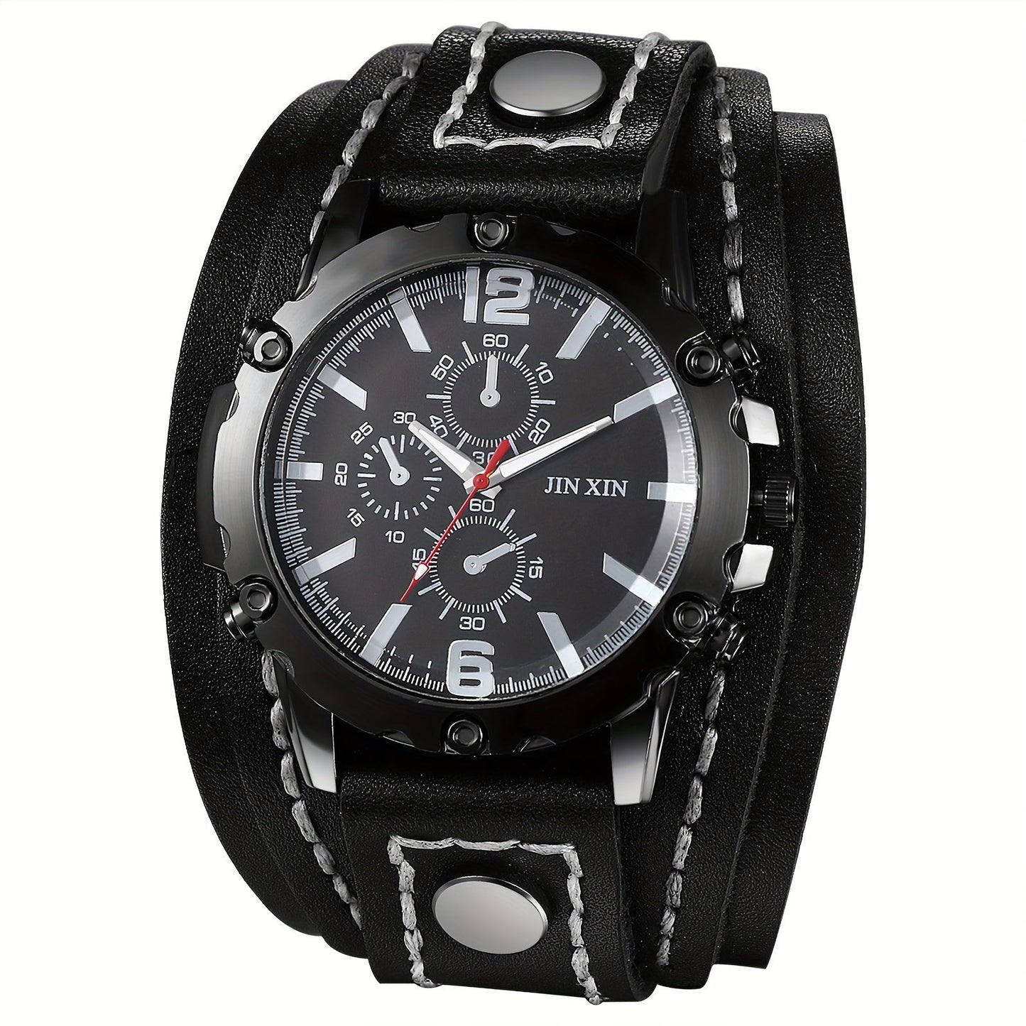 Men's Quartz Watch - Gothic Punk Leather Cuff Wristwatch for Wide Genuine Leather Band - product detail view 15