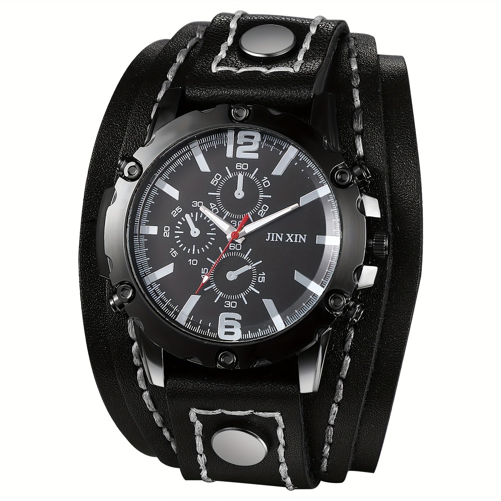 Men's Quartz Watch - Gothic Punk Leather Cuff Wristwatch for Wide Genuine Leather Band - product detail view 15
