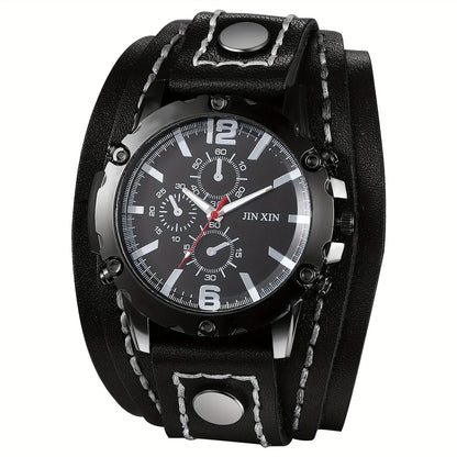 Men's Quartz Watch - Gothic Punk Leather Cuff Wristwatch for Wide Genuine Leather Band - product detail view 15