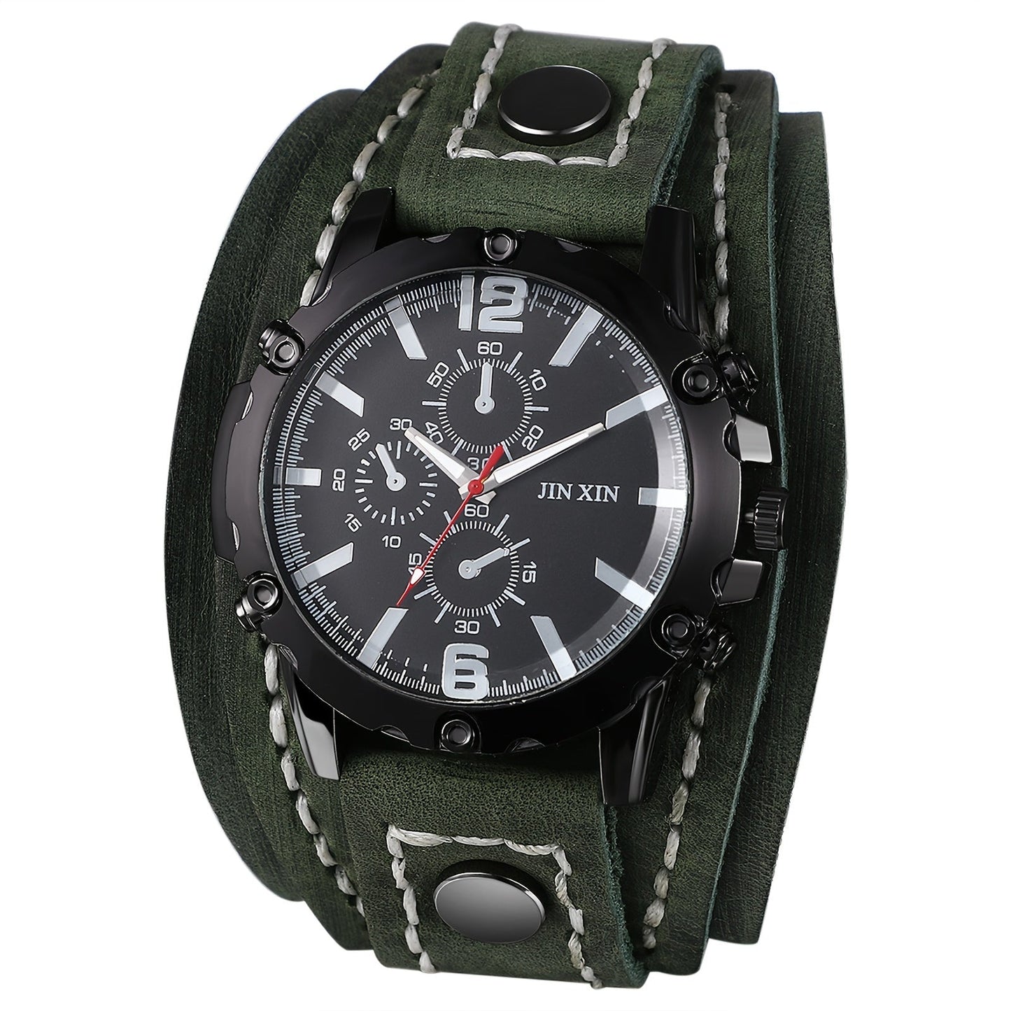 Men's Quartz Watch - Gothic Punk Leather Cuff Wristwatch for Wide Genuine Leather Band - product detail view 16