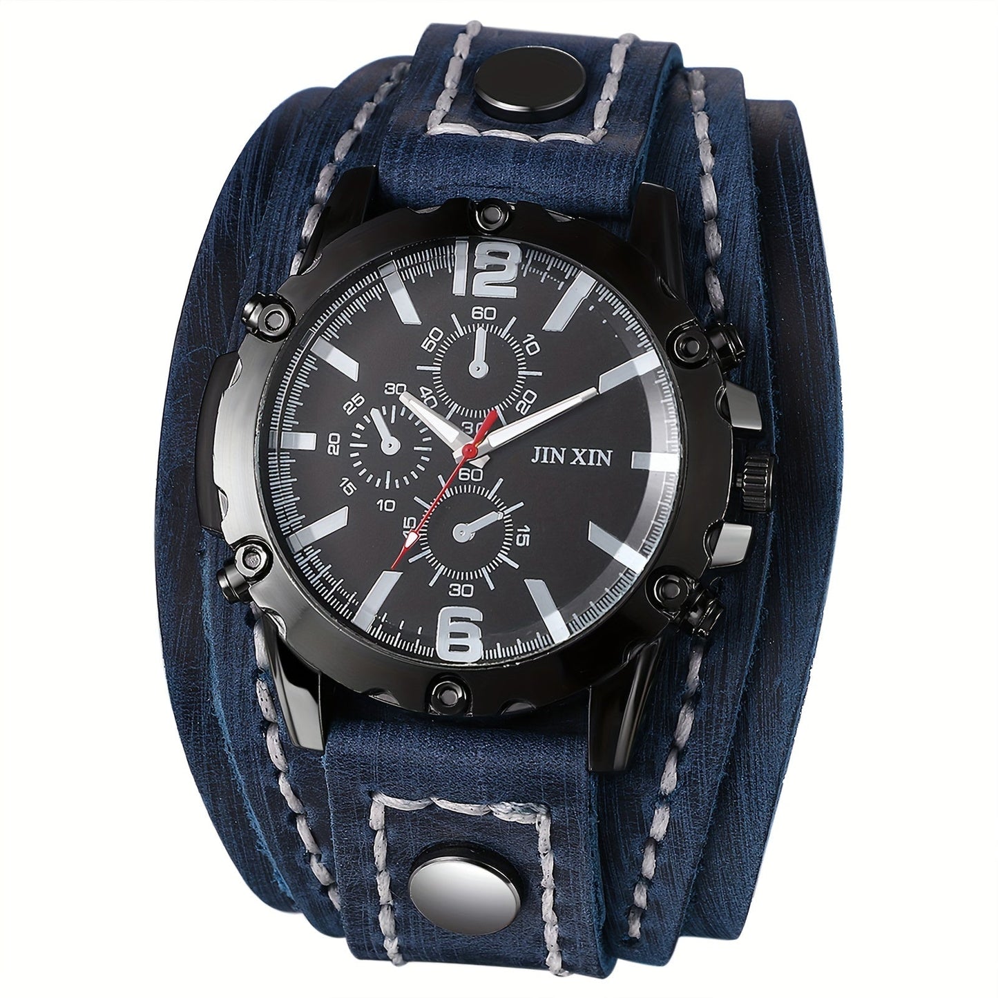 Men's Quartz Watch - Gothic Punk Leather Cuff Wristwatch for Wide Genuine Leather Band - product detail view 18