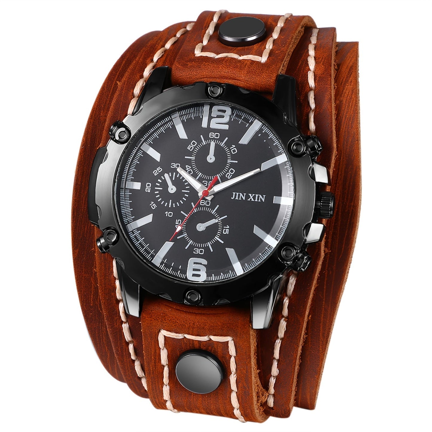 Men's Quartz Watch - Gothic Punk Leather Cuff Wristwatch for Wide Genuine Leather Band - product detail view 19