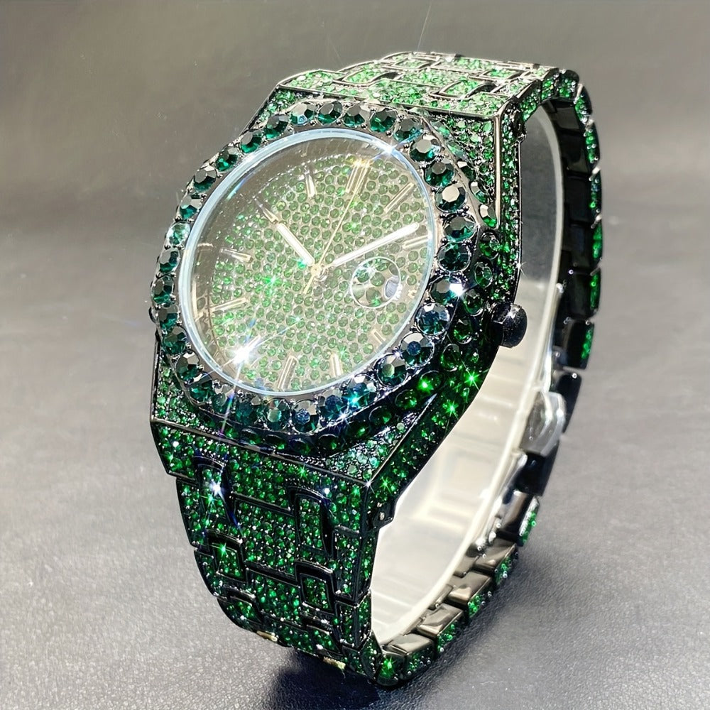 Men's Quartz Watch - Iced Out Rhinestone for Hip Hop Luxury Wristwatch, Luminous Dial, Zinc - product detail view 6