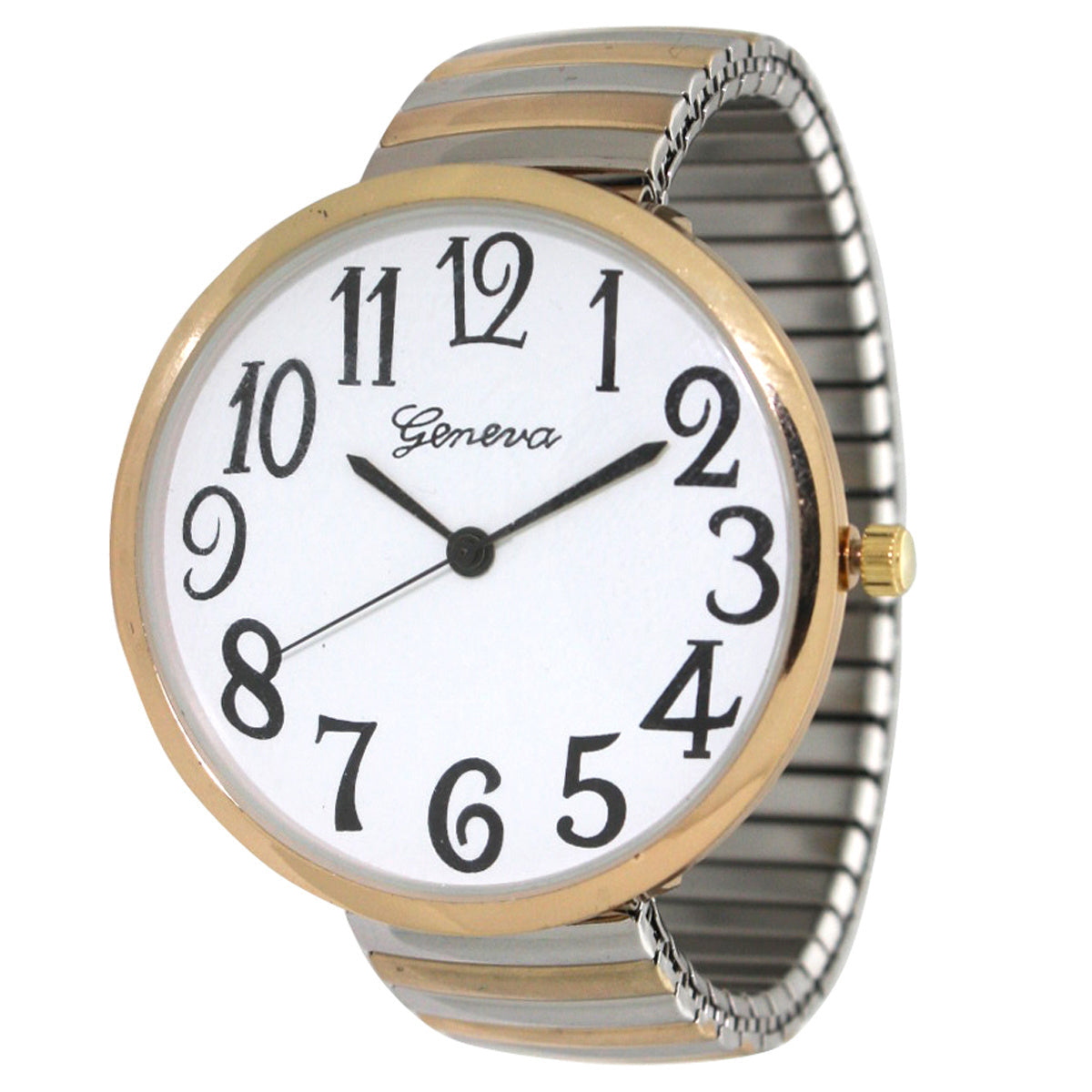 Women's Quartz Watch - Large Face for Metallic Shiny Two-Tone Stretch Band, Big Dial Wristwatch - main product view