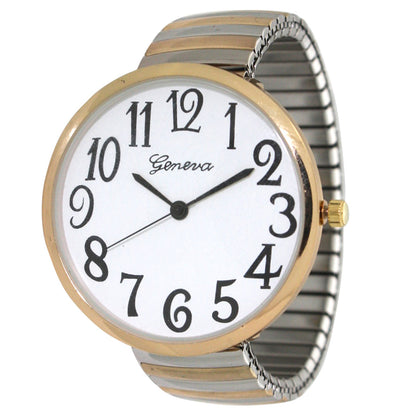 Women's Quartz Watch - Large Face for Metallic Shiny Two-Tone Stretch Band, Big Dial Wristwatch - main product view