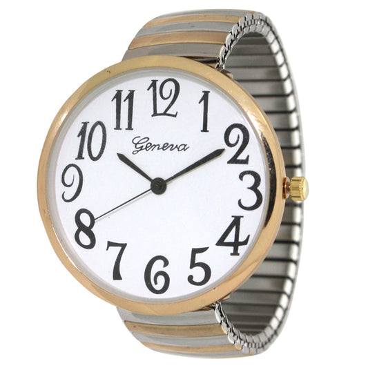 Women's Quartz Watch - Large Face for Metallic Shiny Two-Tone Stretch Band, Big Dial Wristwatch - main product view