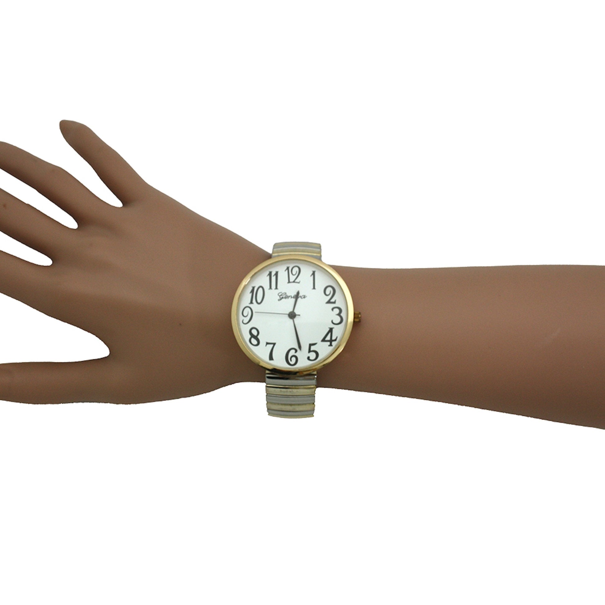 Women's Quartz Watch - Large Face for Metallic Shiny Two-Tone Stretch Band, Big Dial Wristwatch - product detail view 3