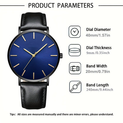 Men's Quartz Watch - Minimalist for Analog Round Dial PU Leather Strap Stainless Steel Case - product detail view 2