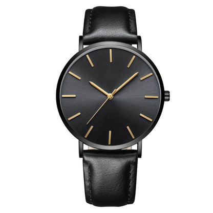 Men's Quartz Watch - Minimalist for Analog Round Dial PU Leather Strap Stainless Steel Case - product detail view 3