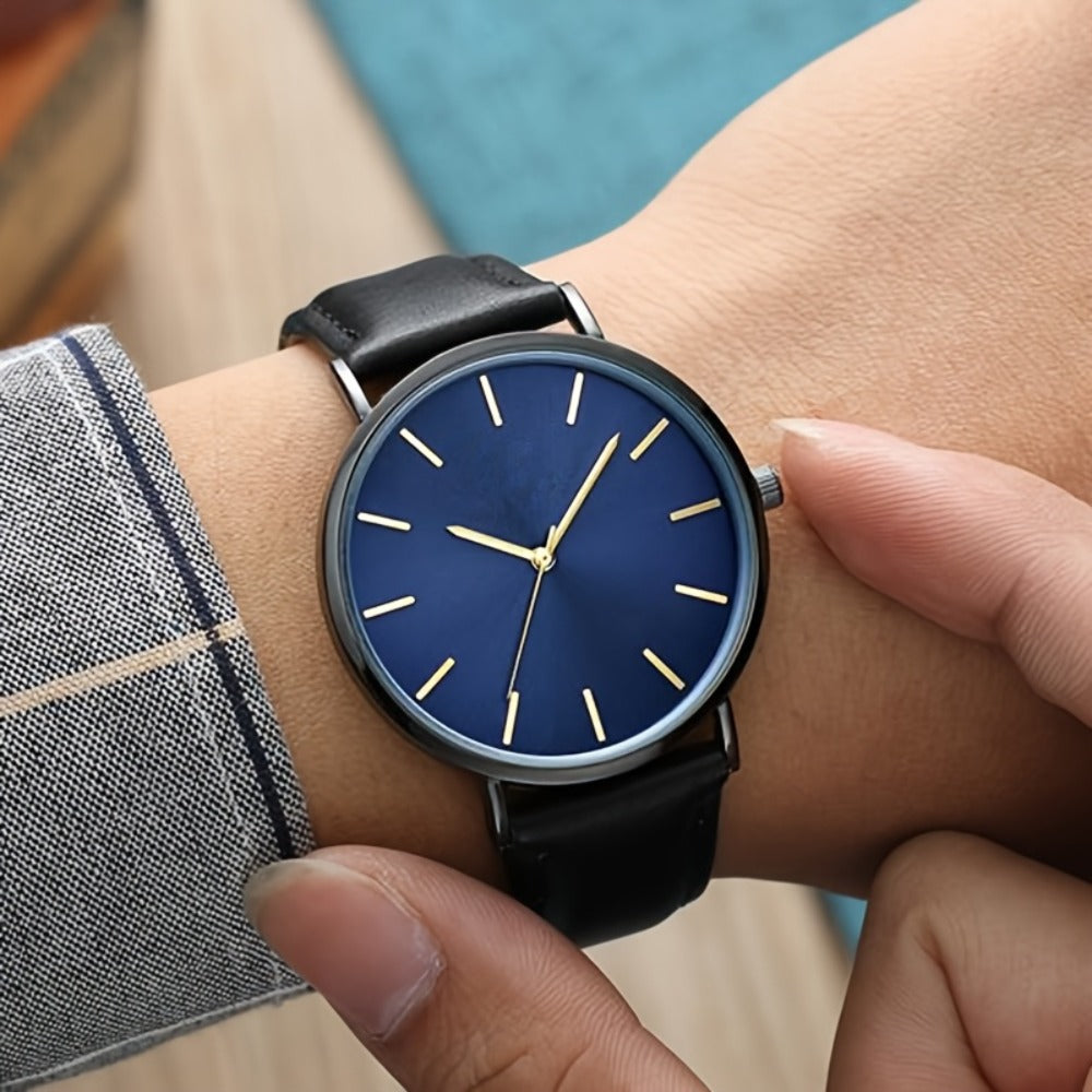 Men's Quartz Watch - Minimalist for Analog Round Dial PU Leather Strap Stainless Steel Case - product detail view 4