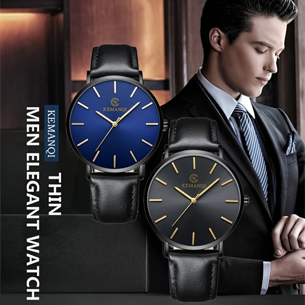 Men's Quartz Watch - Minimalist for Analog Round Dial PU Leather Strap Stainless Steel Case - product detail view 8