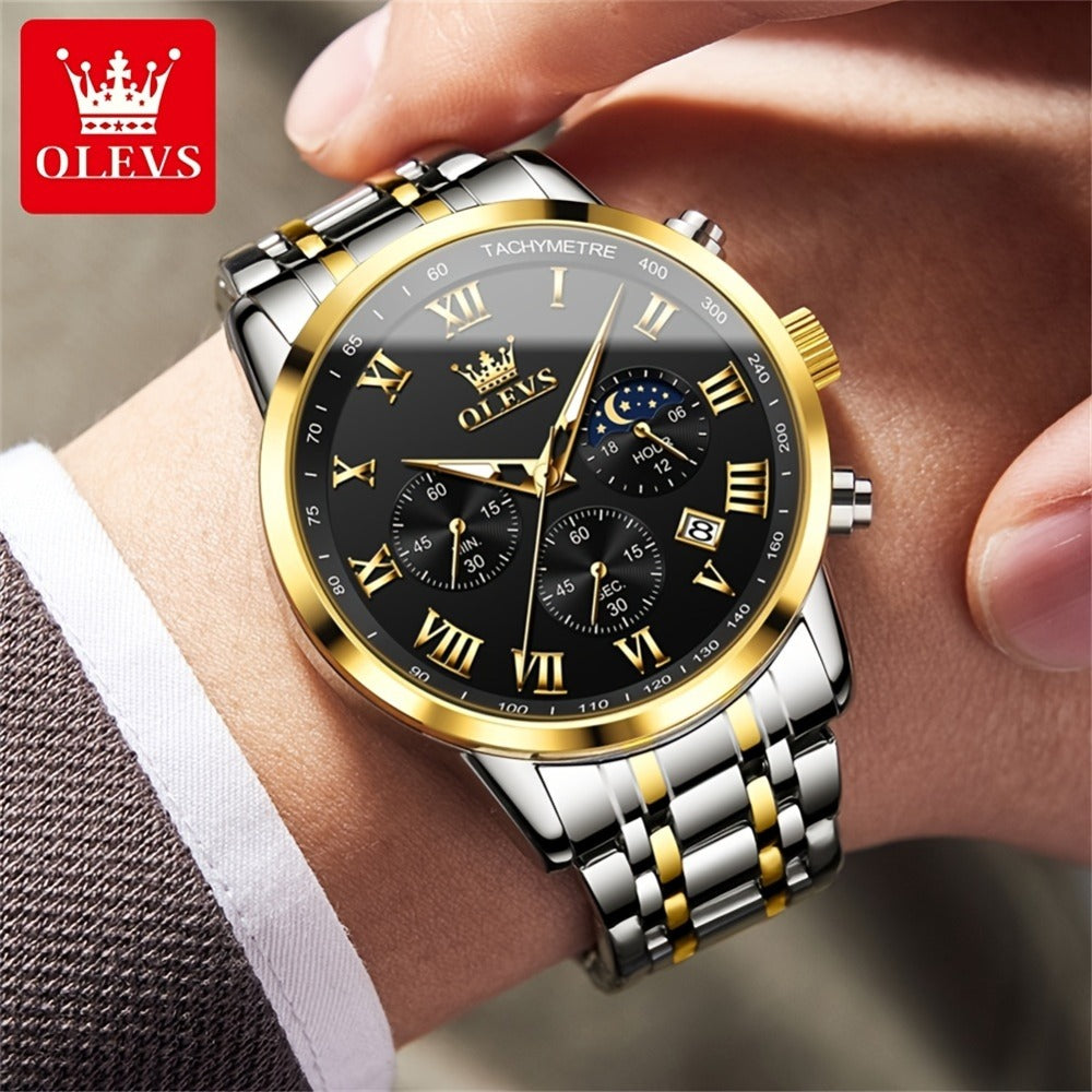 Men's Quartz Watch - OLEVS 's Luxury Dress Stainless Steel Chronograph, Moon Phase, Roman - product detail view 2