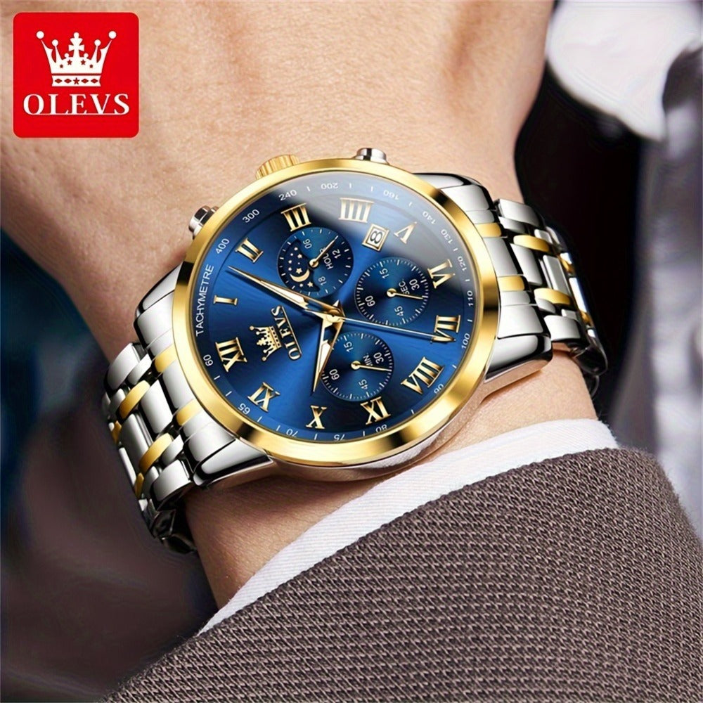 Men's Quartz Watch - OLEVS 's Luxury Dress Stainless Steel Chronograph, Moon Phase, Roman - product detail view 4