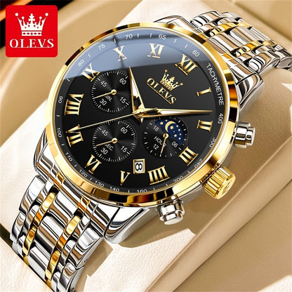 Men's Quartz Watch - OLEVS 's Luxury Dress Stainless Steel Chronograph, Moon Phase, Roman - product detail view 5