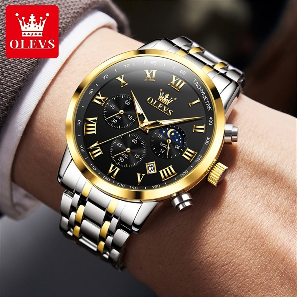 Men's Quartz Watch - OLEVS 's Luxury Dress Stainless Steel Chronograph, Moon Phase, Roman - product detail view 6