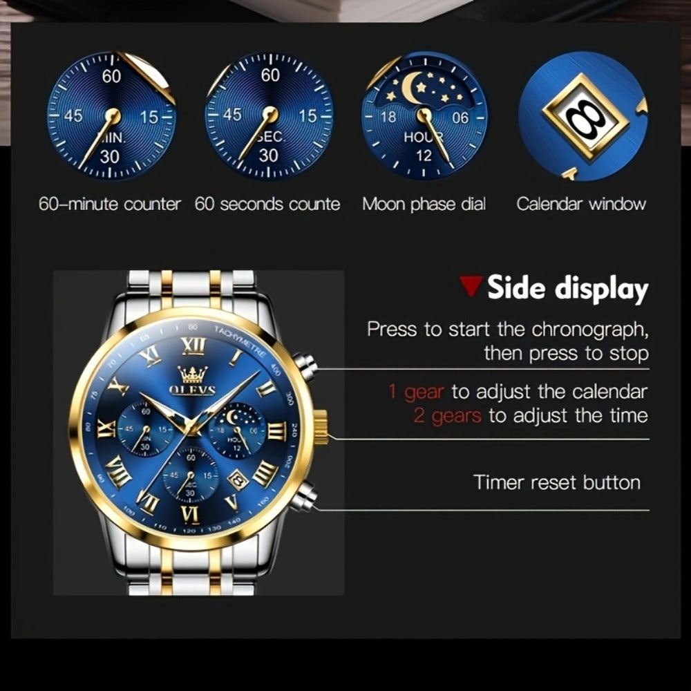 Men's Quartz Watch - OLEVS 's Luxury Dress Stainless Steel Chronograph, Moon Phase, Roman - product detail view 8