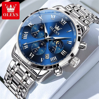 Men's Quartz Watch - OLEVS 's Luxury Dress Stainless Steel Chronograph, Moon Phase, Roman - product detail view 9
