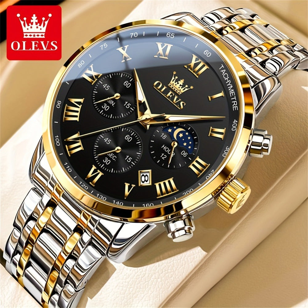 Men's Quartz Watch - OLEVS 's Luxury Dress Stainless Steel Chronograph, Moon Phase, Roman - product detail view 10