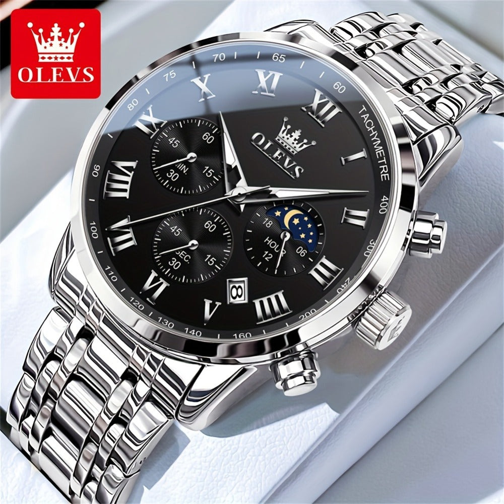 Men's Quartz Watch - OLEVS 's Luxury Dress Stainless Steel Chronograph, Moon Phase, Roman - product detail view 11
