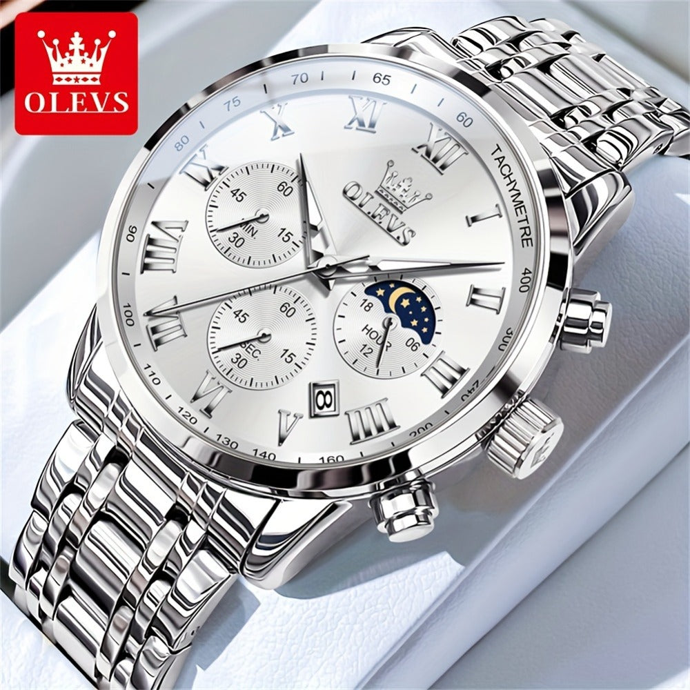 Men's Quartz Watch - OLEVS 's Luxury Dress Stainless Steel Chronograph, Moon Phase, Roman - product detail view 12