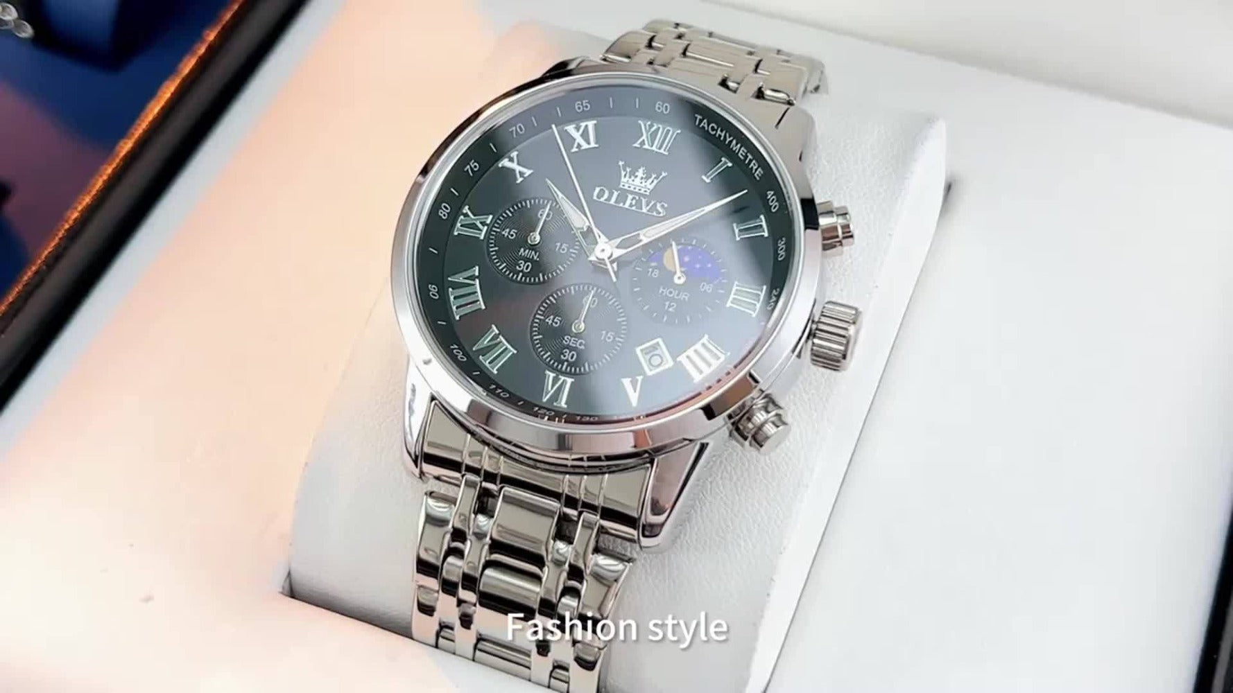 Men's Quartz Watch - OLEVS 's Luxury Dress Stainless Steel Chronograph, Moon Phase, Roman - product detail view 13