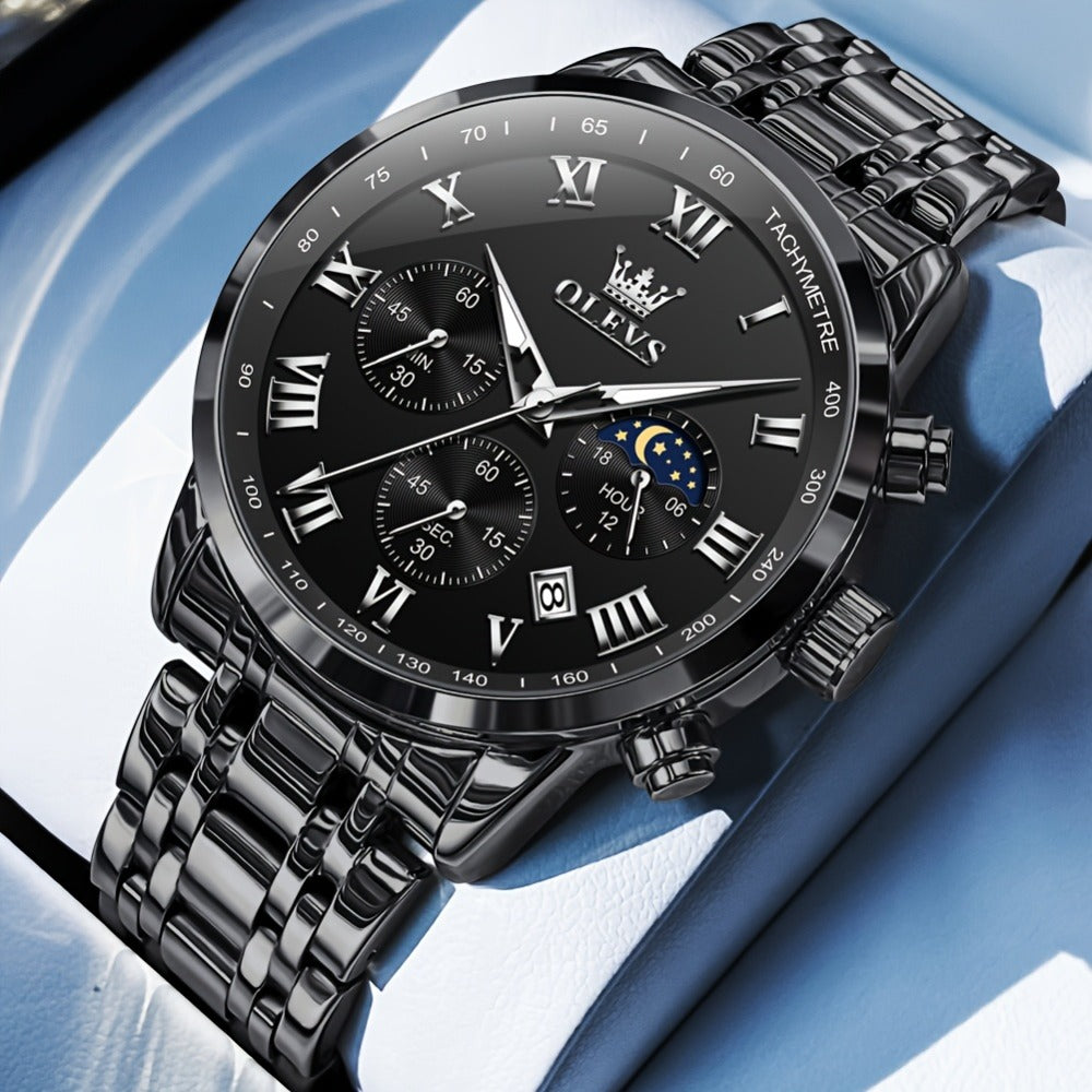 Men's Quartz Watch - OLEVS 's Luxury Dress Stainless Steel Chronograph, Moon Phase, Roman - product detail view 14
