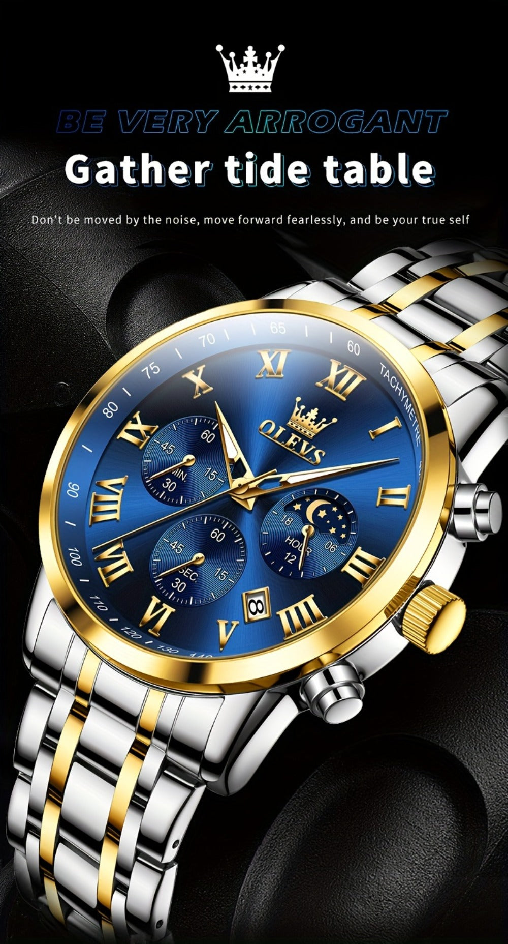Men's Quartz Watch - OLEVS 's Luxury Dress Stainless Steel Chronograph, Moon Phase, Roman - product detail view 16
