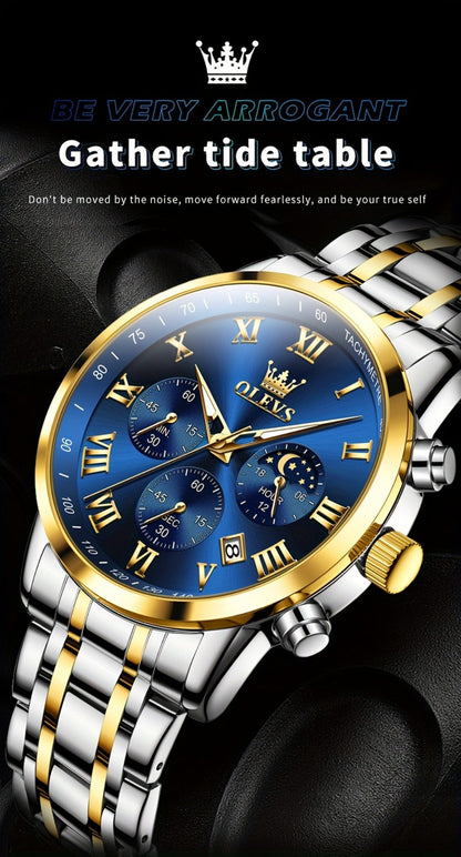 Men's Quartz Watch - OLEVS 's Luxury Dress Stainless Steel Chronograph, Moon Phase, Roman - product detail view 16