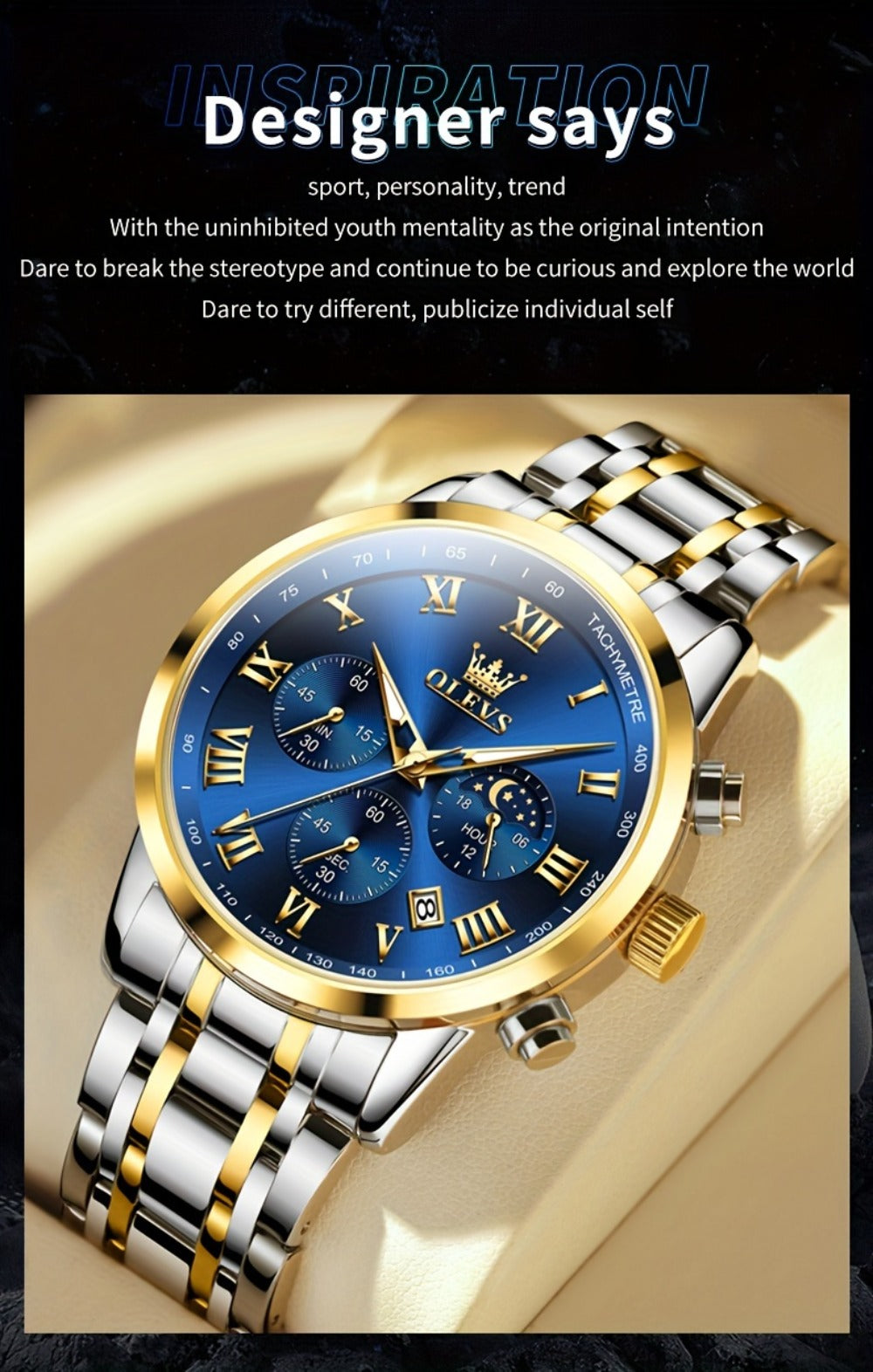 Men's Quartz Watch - OLEVS 's Luxury Dress Stainless Steel Chronograph, Moon Phase, Roman - product detail view 17