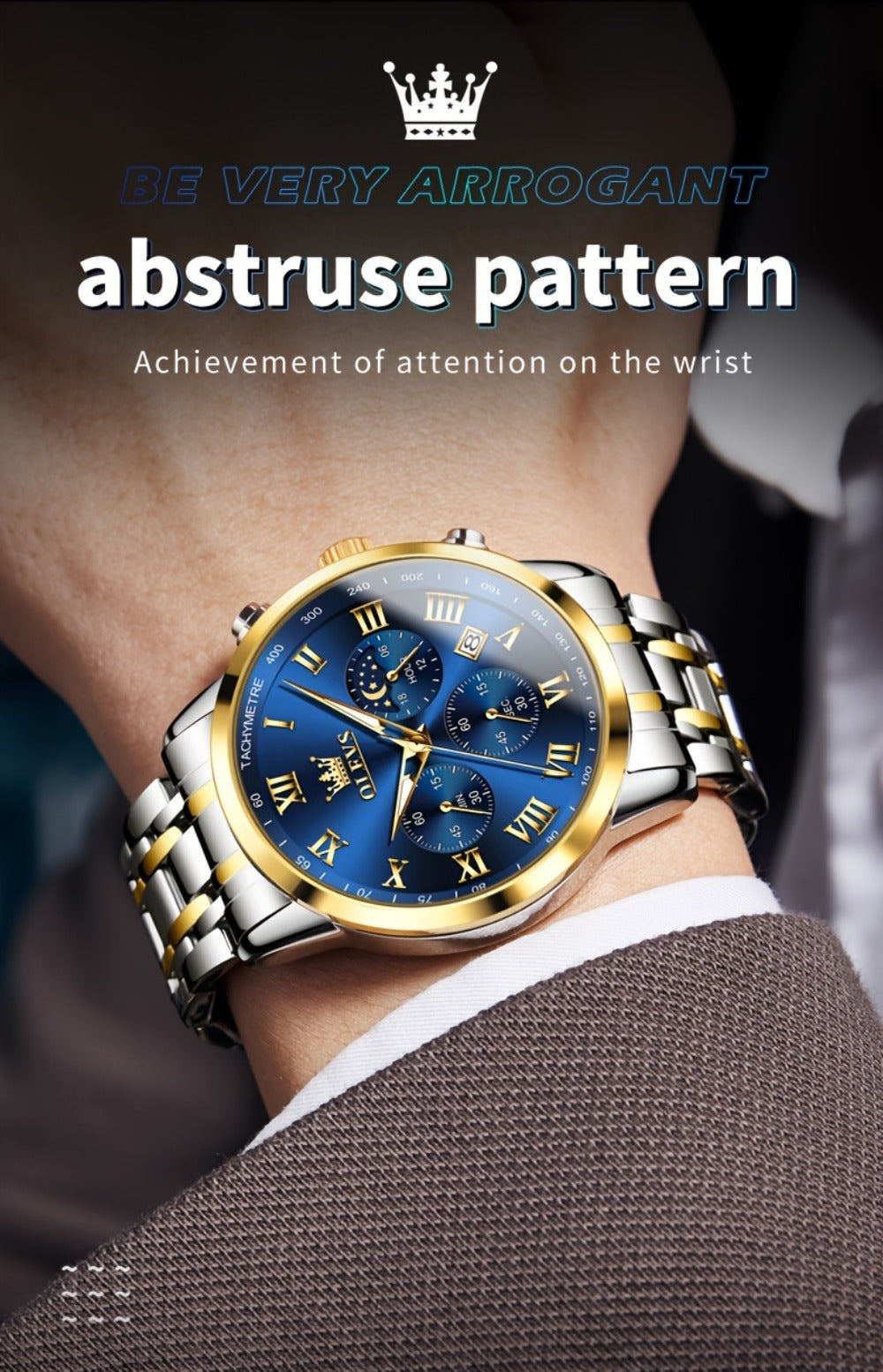 Men's Quartz Watch - OLEVS 's Luxury Dress Stainless Steel Chronograph, Moon Phase, Roman - product detail view 18