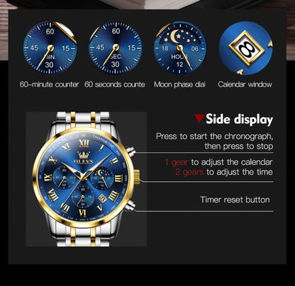 Men's Quartz Watch - OLEVS 's Luxury Dress Stainless Steel Chronograph, Moon Phase, Roman - product detail view 19