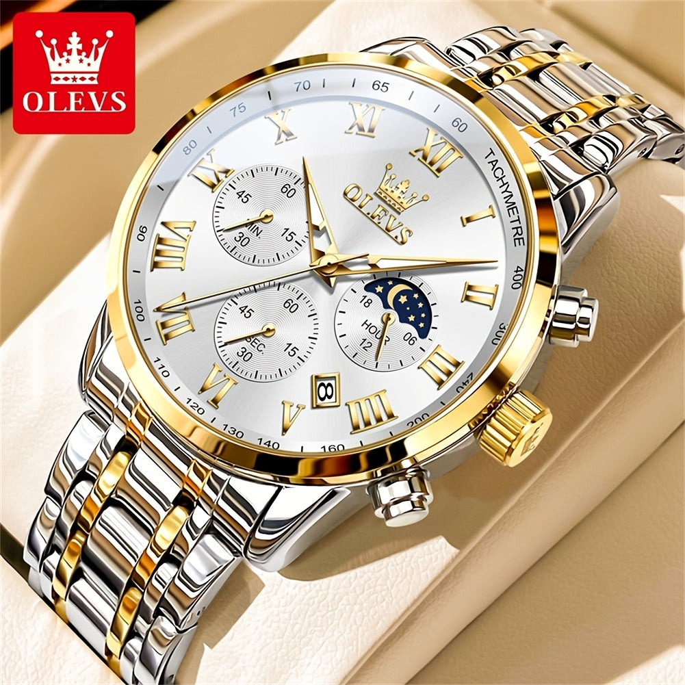 Men's Quartz Watch - OLEVS 's Luxury Dress Stainless Steel Chronograph, Moon Phase, Roman - product detail view 23