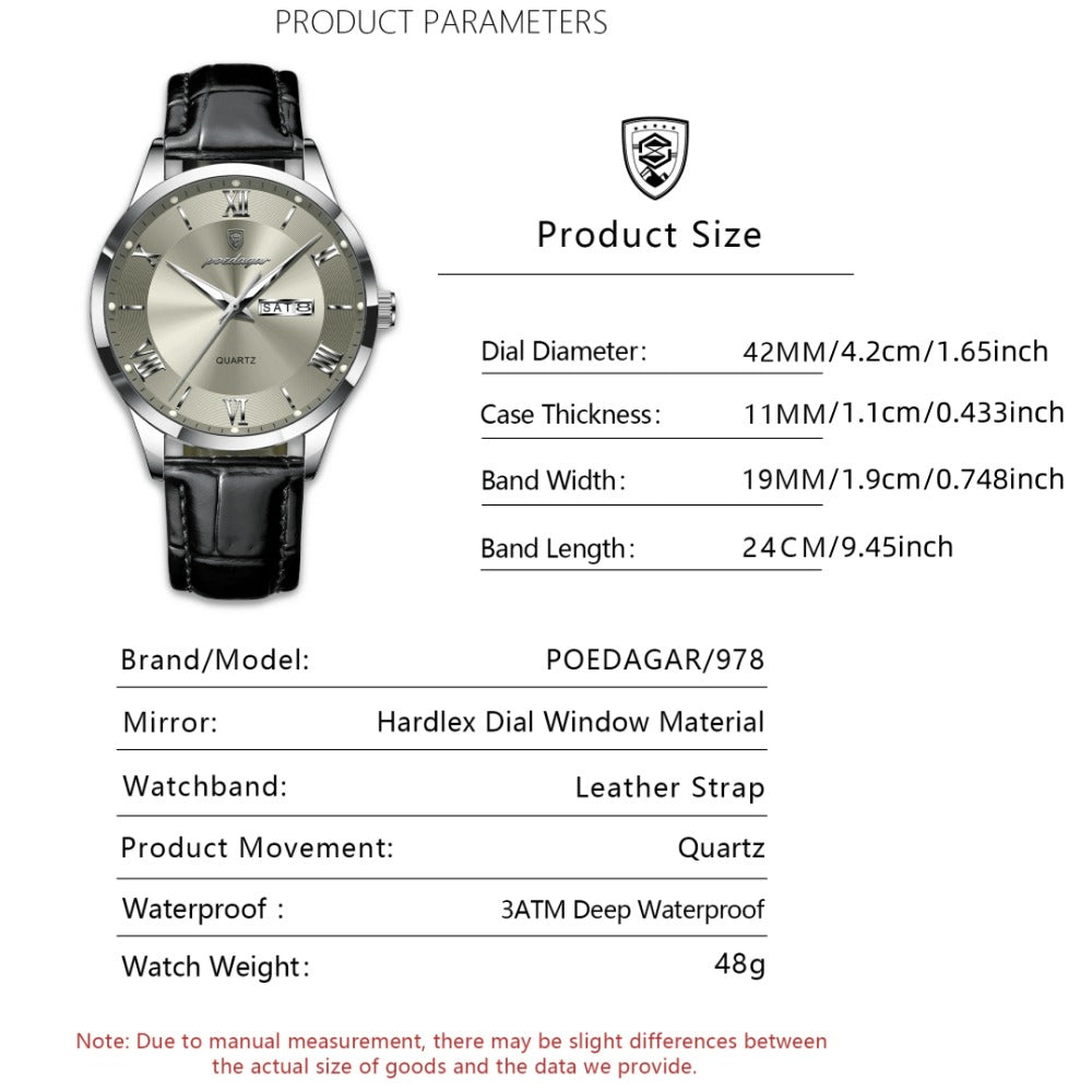 Men's Quartz Watch - POEDAGAR 978P 's 3ATM Waterproof Date Display PU Leather Band Fashion - product detail view 2