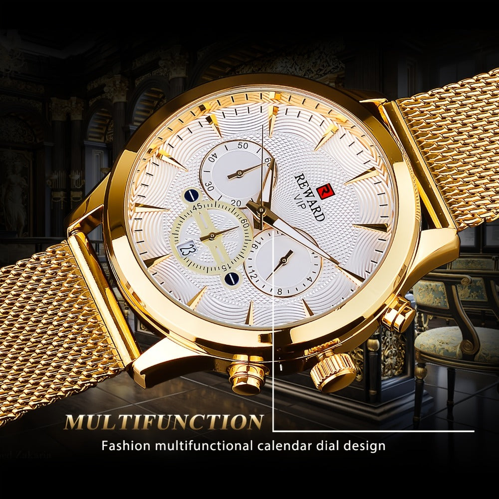 Men's Quartz Watch - REWARD 's Chronograph Luminous Stainless Steel Strap, Date Display, Gold & - product detail view 6