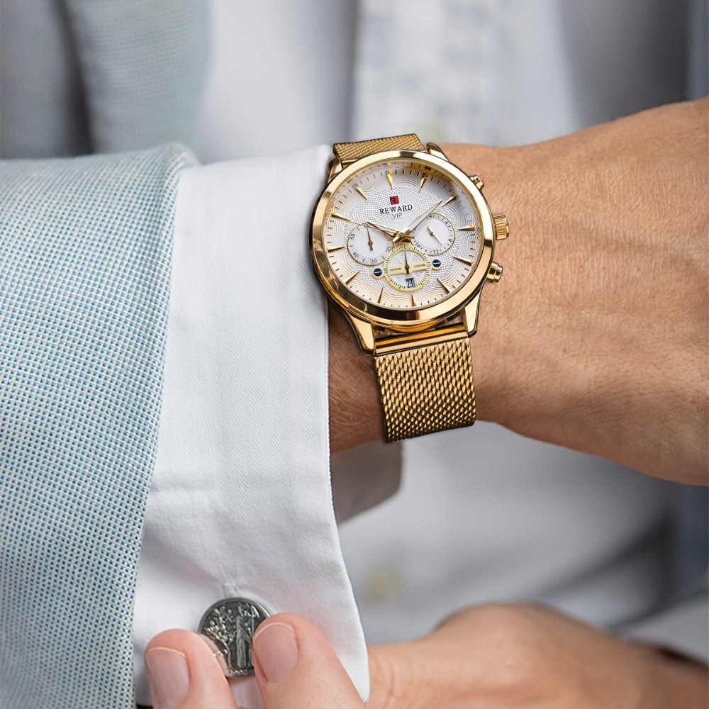 Men's Quartz Watch - REWARD 's Chronograph Luminous Stainless Steel Strap, Date Display, Gold & - product detail view 7