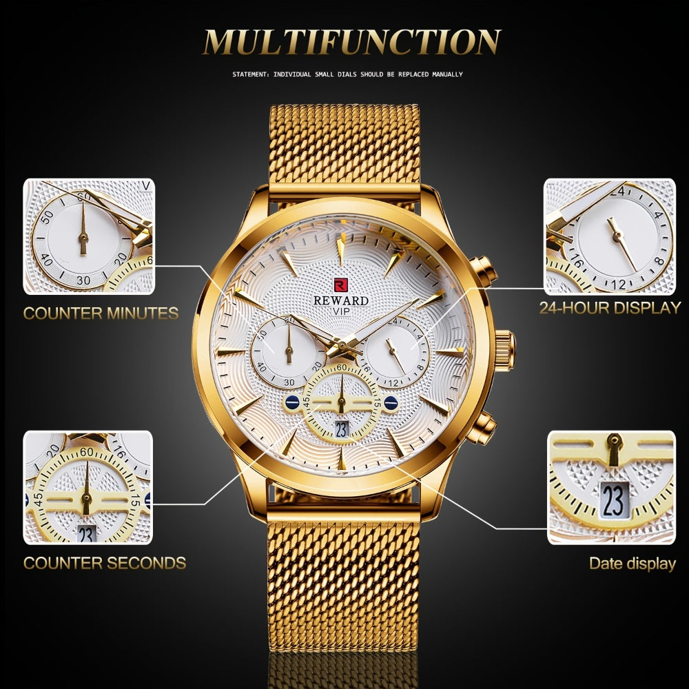 Men's Quartz Watch - REWARD 's Chronograph Luminous Stainless Steel Strap, Date Display, Gold & - product detail view 8
