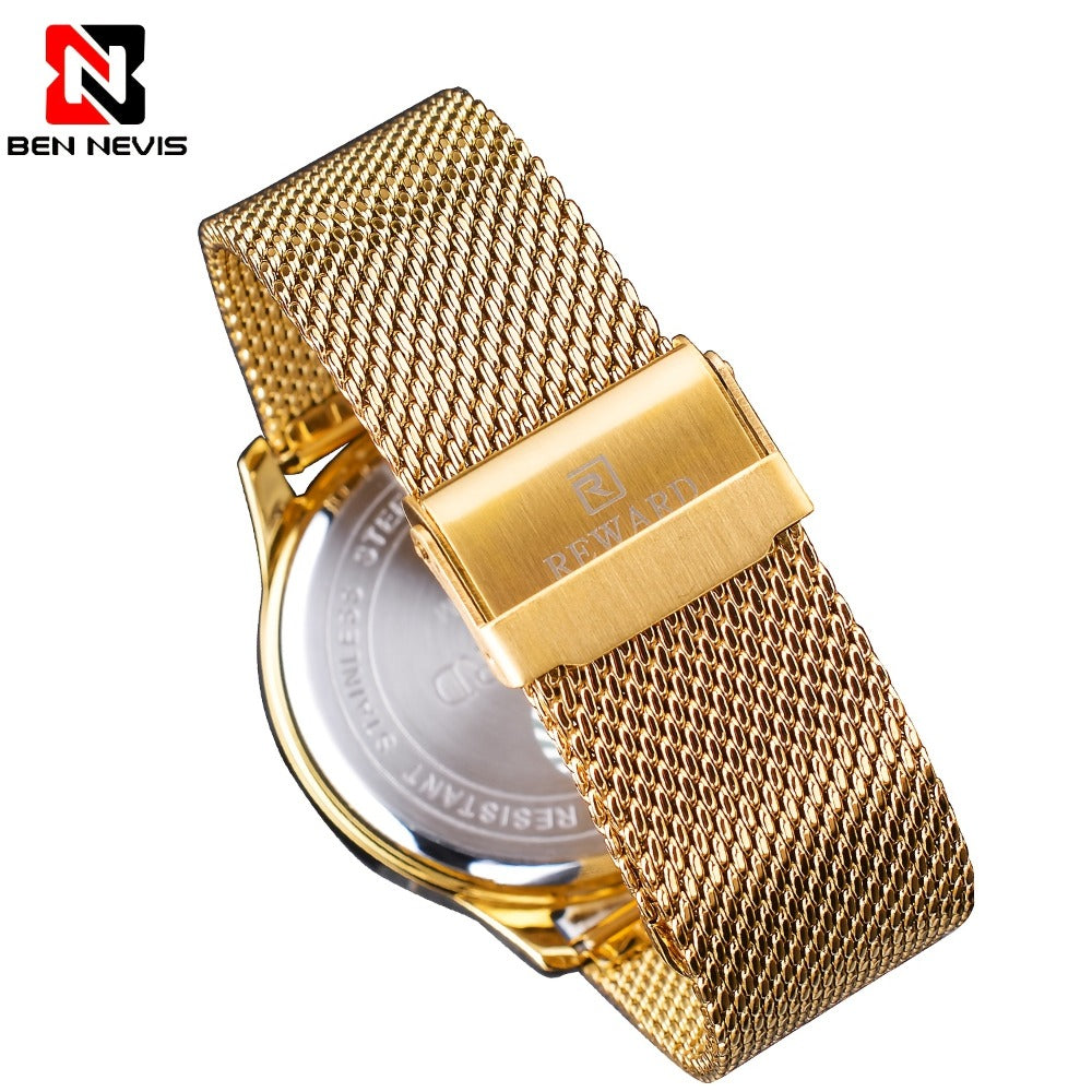 Men's Quartz Watch - REWARD 's Chronograph Luminous Stainless Steel Strap, Date Display, Gold & - product detail view 9