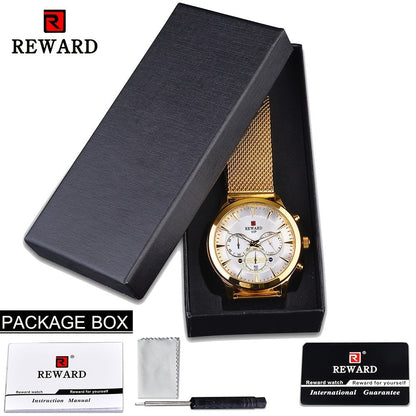 Men's Quartz Watch - REWARD 's Chronograph Luminous Stainless Steel Strap, Date Display, Gold & - product detail view 11
